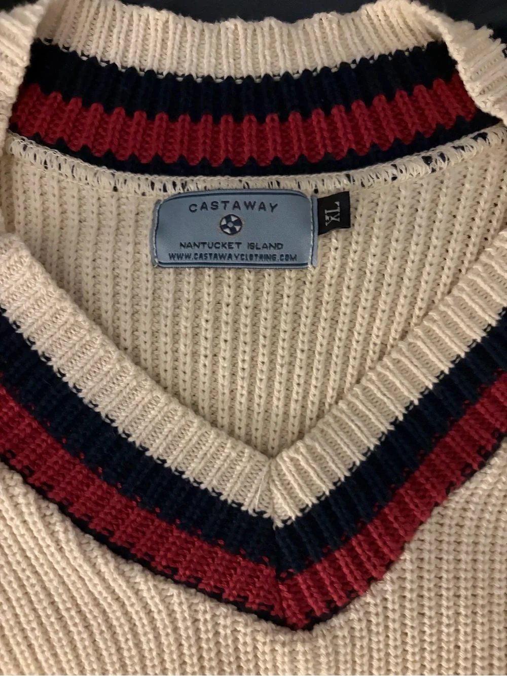 Castaway Cream V-Neck Sweater with Navy and Red Stripe Trim